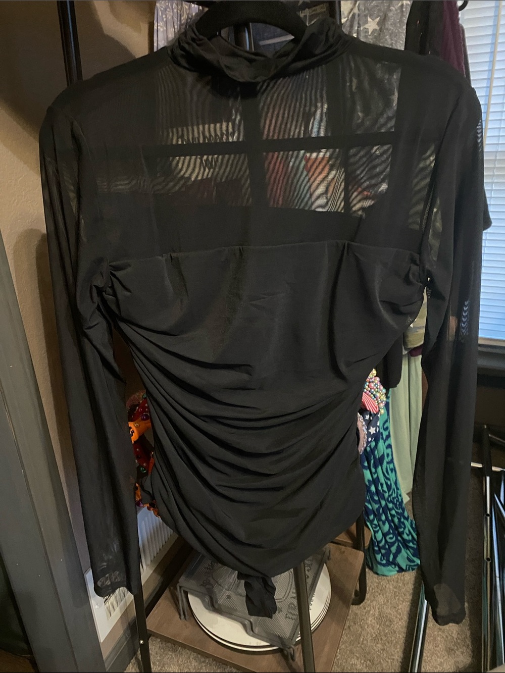 Black Sheer Mesh Long Sleeve Ruched Bodysuit